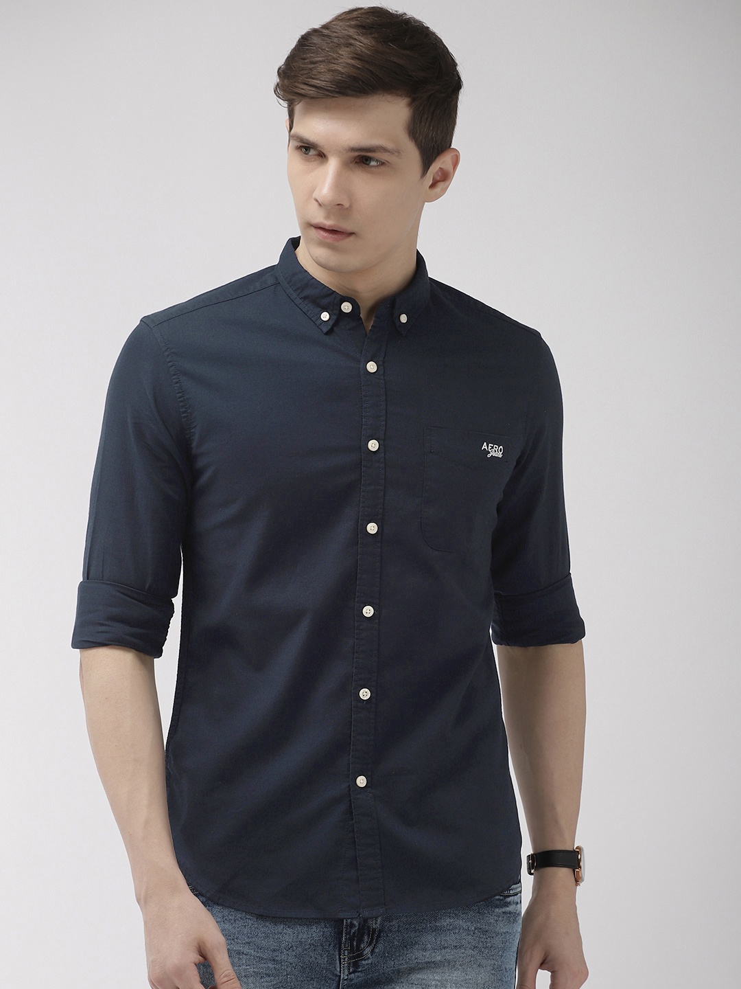 

Aeropostale Men Navy Blue Regular Fit Solid Casual Shirt