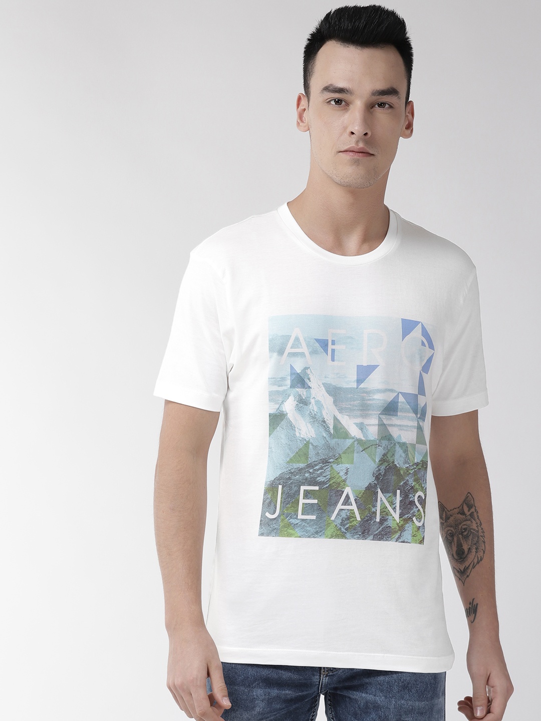 

Aeropostale Men Off-White & Blue Printed Round Neck T-shirt