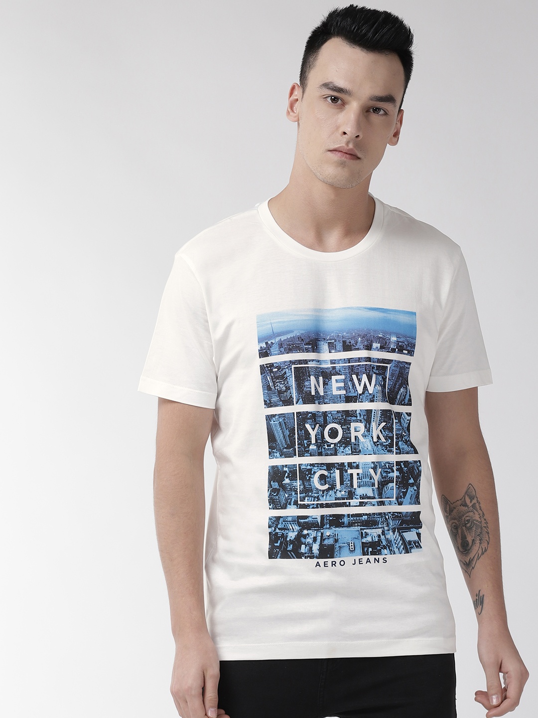 

Aeropostale Men White & Blue Printed Round Neck T-shirt