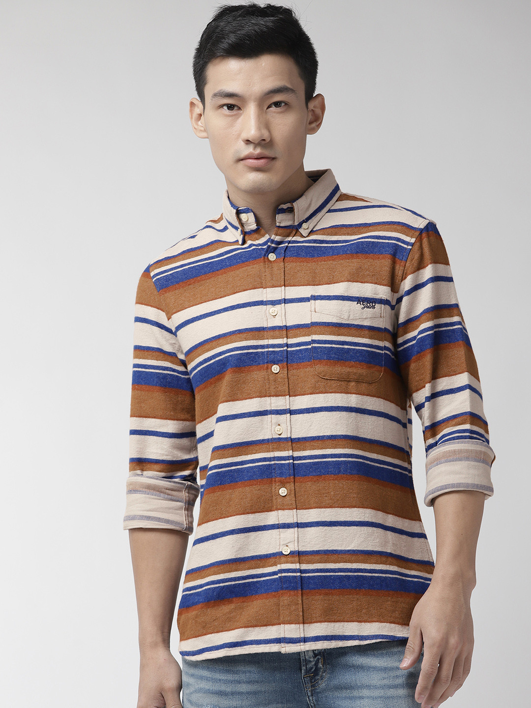

Aeropostale Men Brown & Blue Regular Fit Striped Casual Shirt