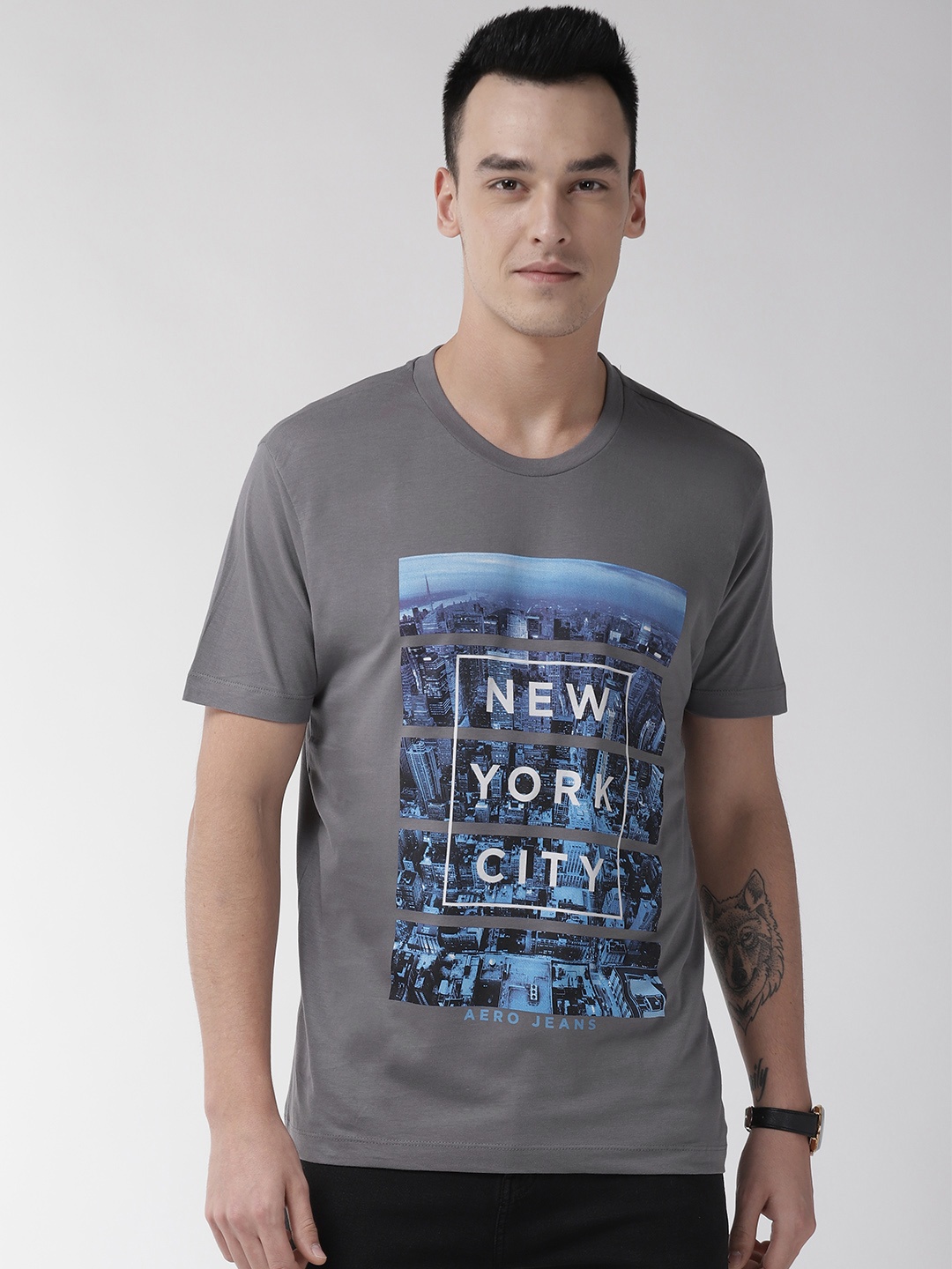 

Aeropostale Men Grey & Blue Printed Round Neck T-shirt