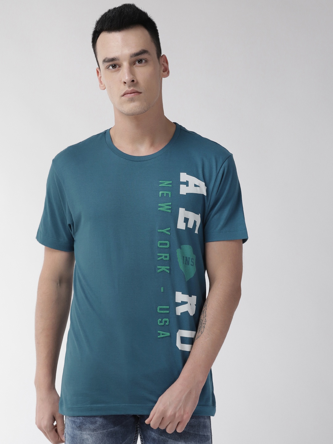 

Aeropostale Men Teal Blue Printed Round Neck T-shirt