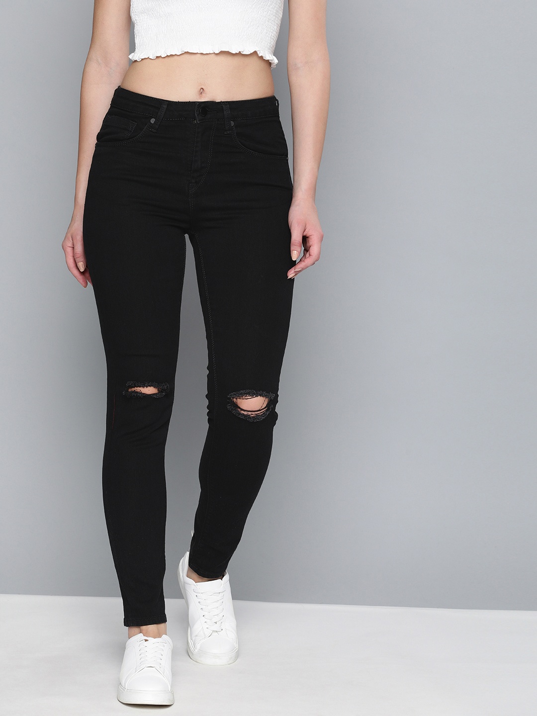 

HERE&NOW Women Black Skinny Fit High-Rise Slash Knee Stretchable Jeans