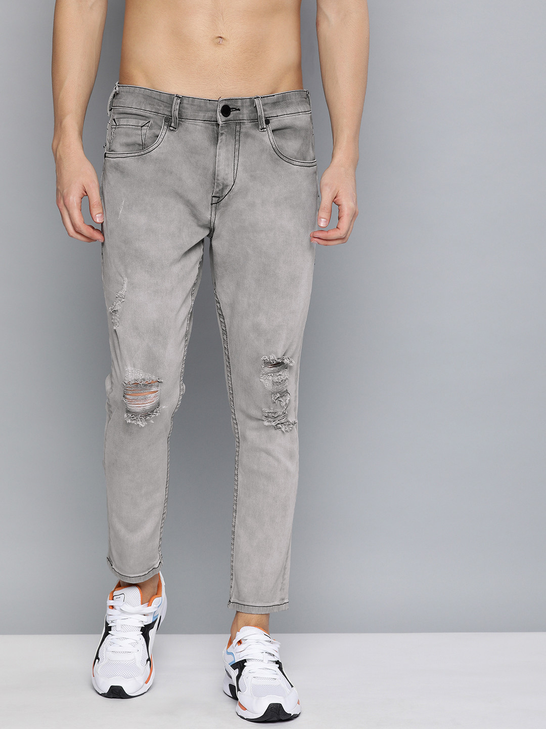 

HERE&NOW Men Grey Ankle Slim Tapered Fit Mid-Rise Mildly Distressed Stretchable Jeans