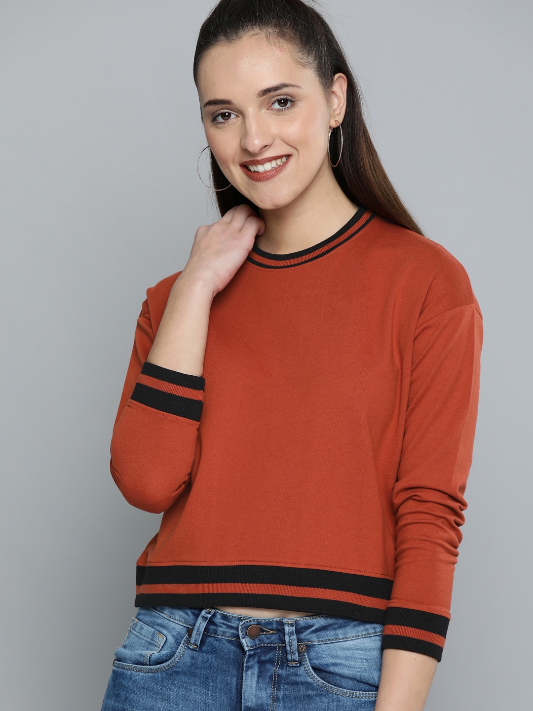 

HERE&NOW Women Rust Brown Solid Crop Sweatshirt