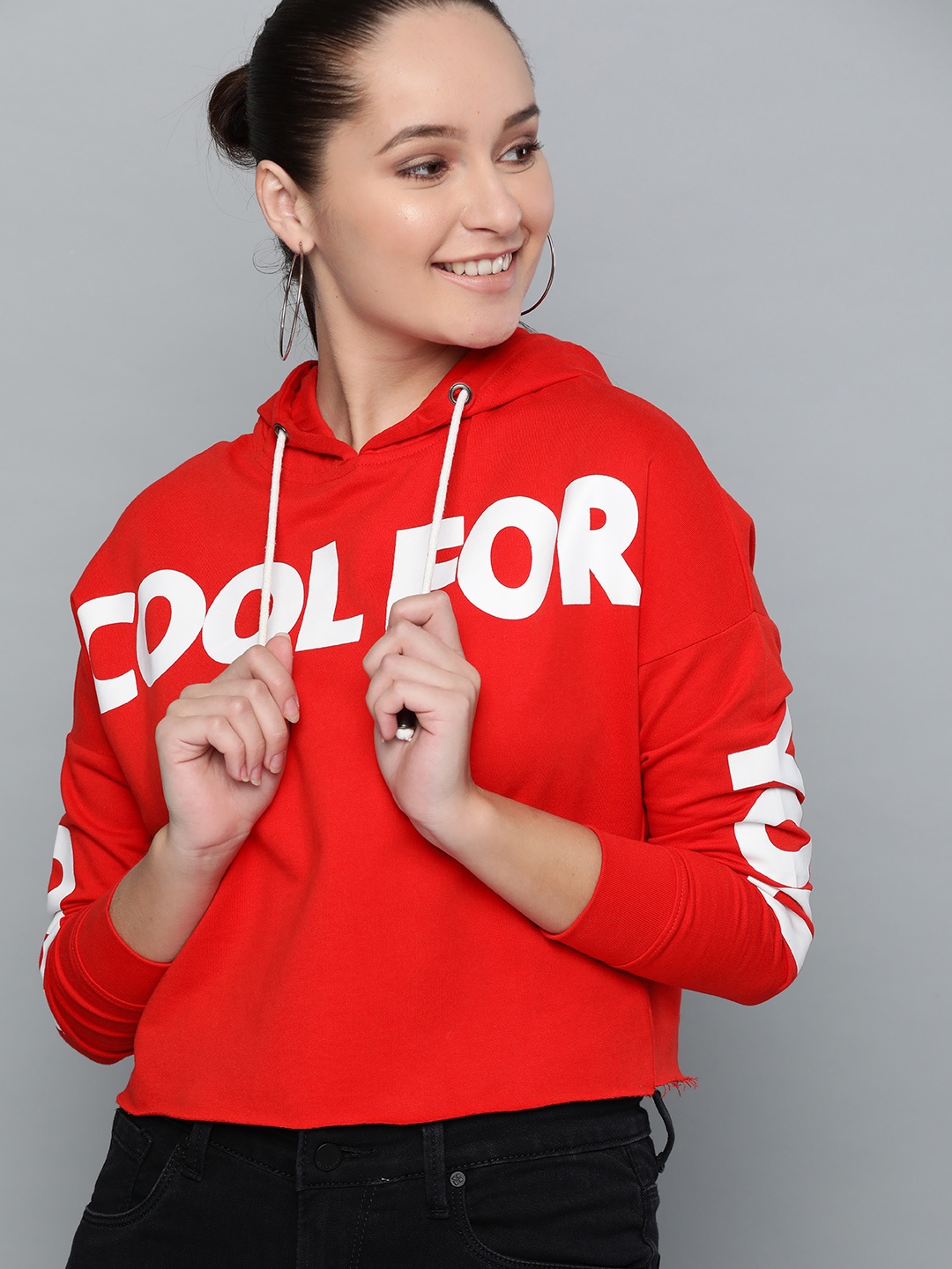 

HERE&NOW Women Red & White Printed Hooded Sweatshirt