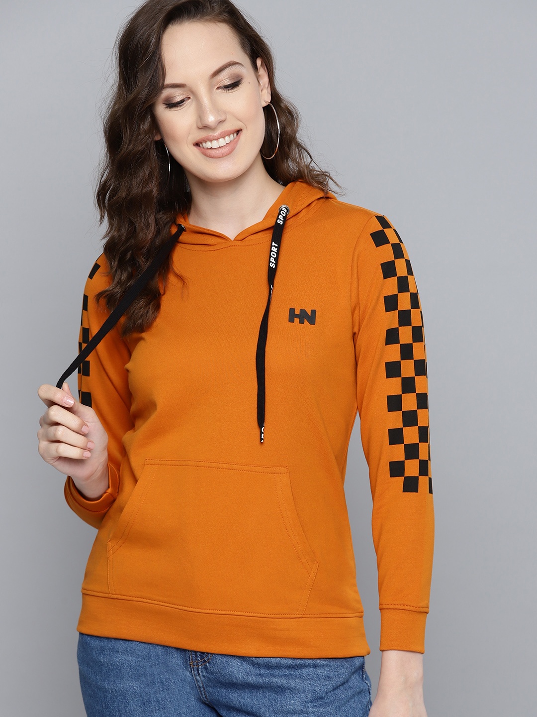 

HERE&NOW Women Rust Orange Solid Hooded Sweatshirt