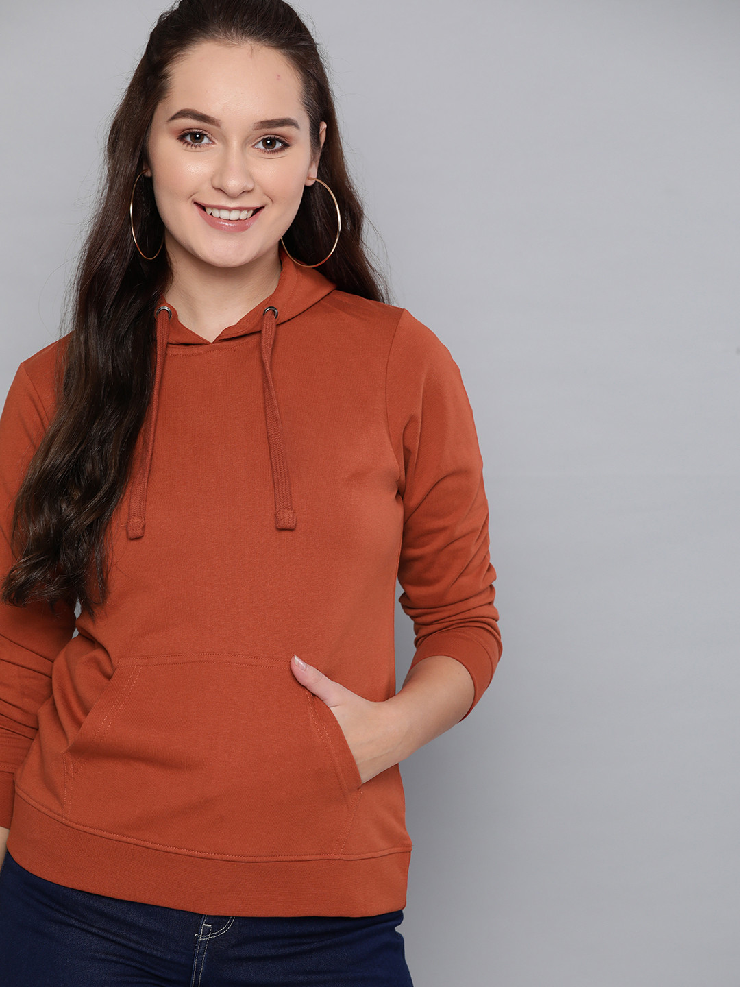 

HERE&NOW Women Rust Red Solid Hooded Sweatshirt