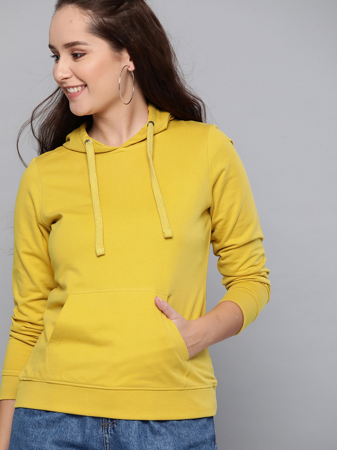 

HERE&NOW Women Yellow Solid Hooded Sweatshirt