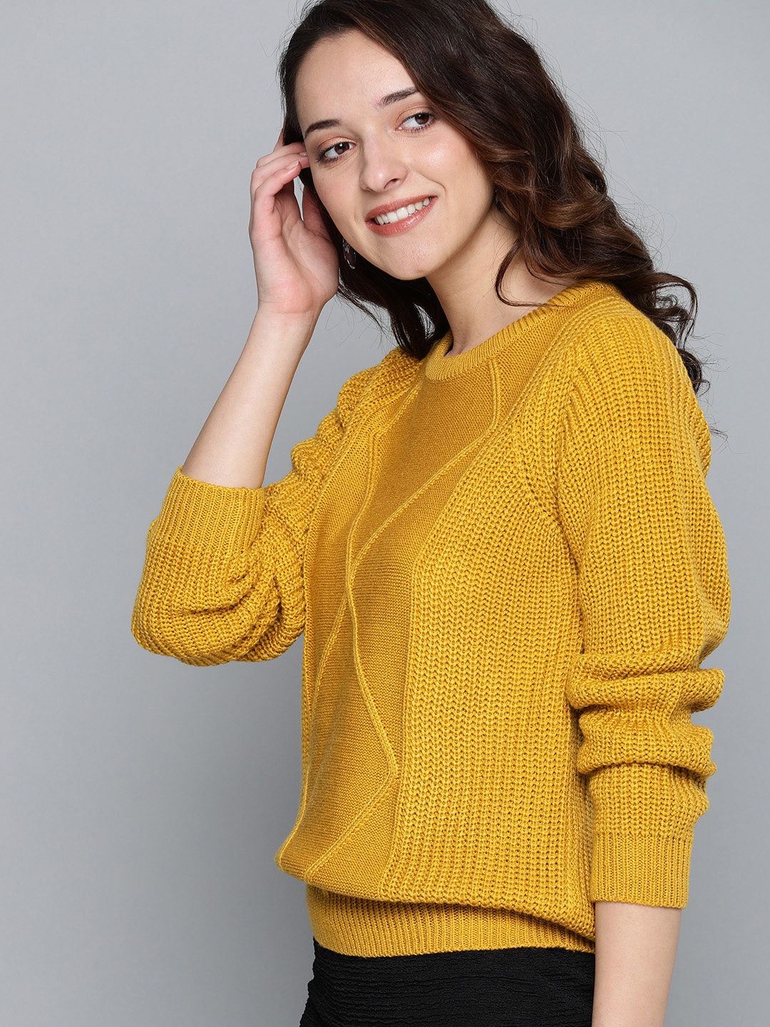 

HERE&NOW Women Mustard Yellow Self Design Sweater