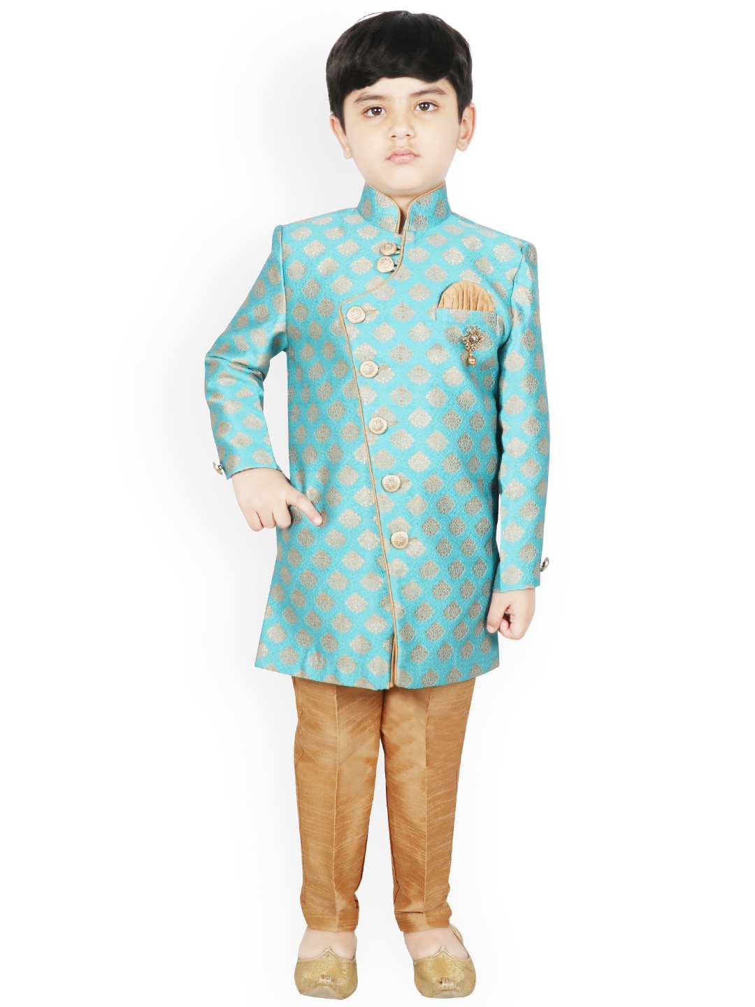 

SG YUVRAJ Boys Turquoise Blue & Gold-Coloured Silk Woven Design Sherwani Set