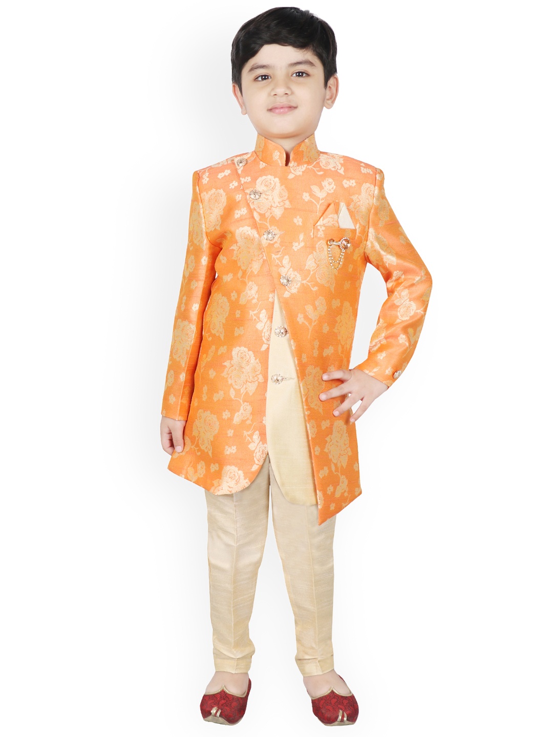 

SG YUVRAJ Boys Orange & Brown Silk Woven Design Sherwani Set