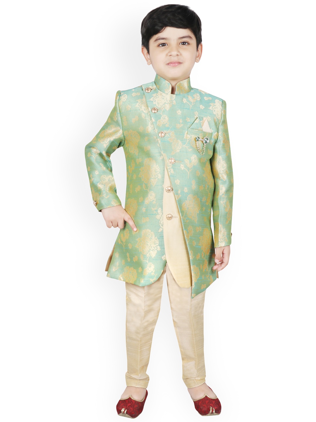 

SG YUVRAJ Boys Green & Beige Silk Woven Design Sherwani Set