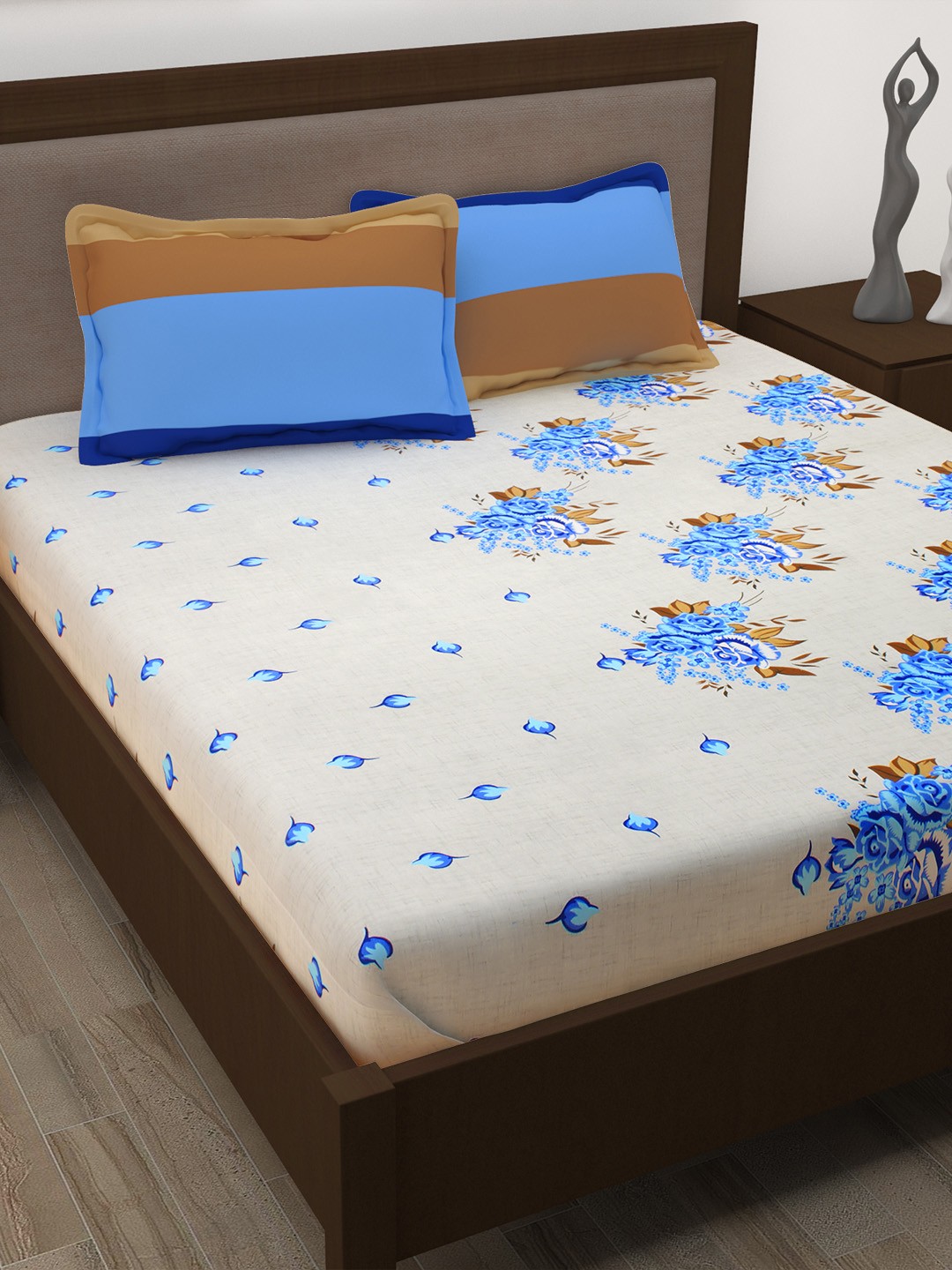 

Story@home Cream-Coloured Blue 186TC Cotton 1 Double Bedsheet with 2 Pillow Covers