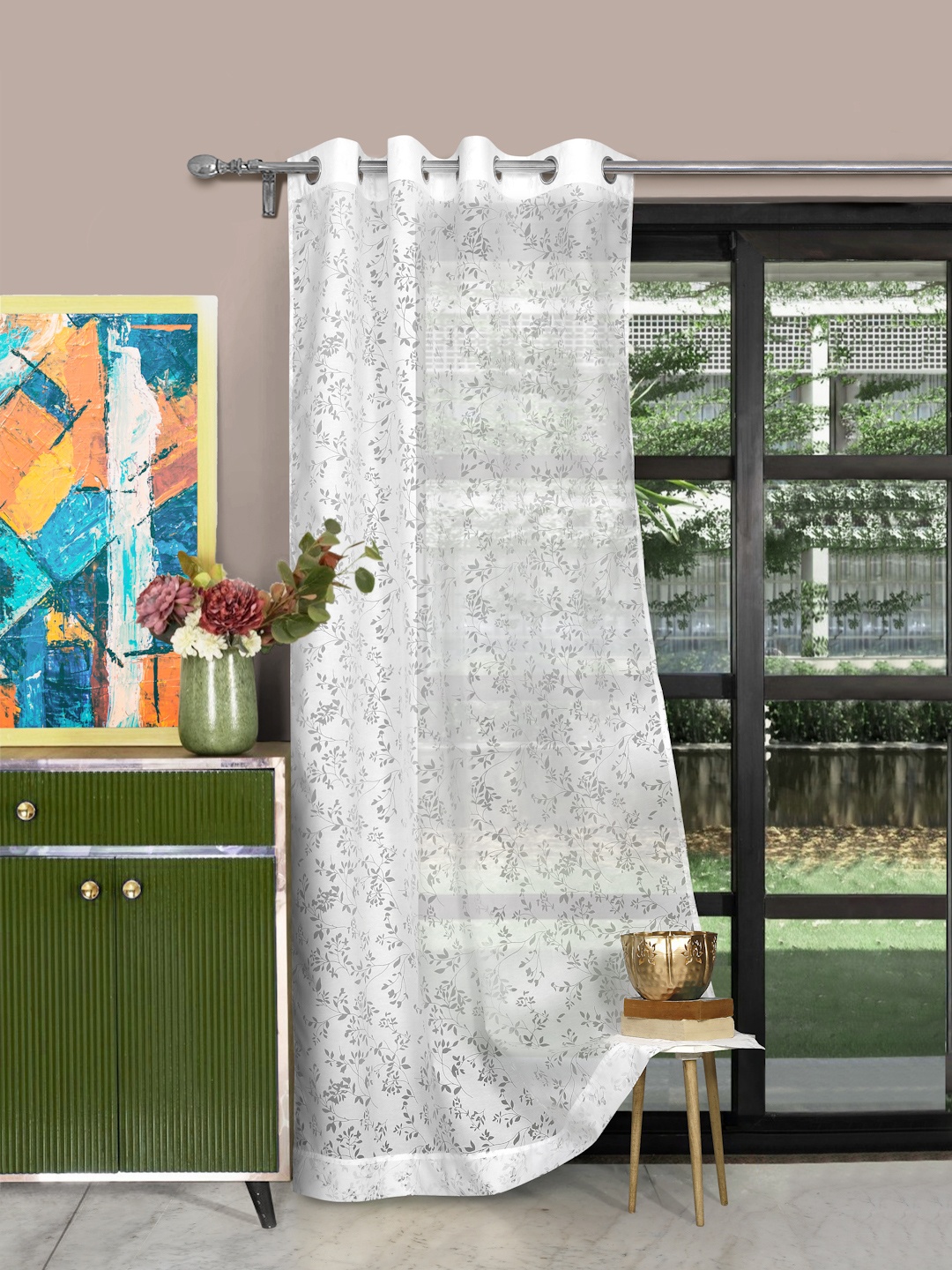 

ROSARA HOME Single White Printed Sheer Long Door Curtain