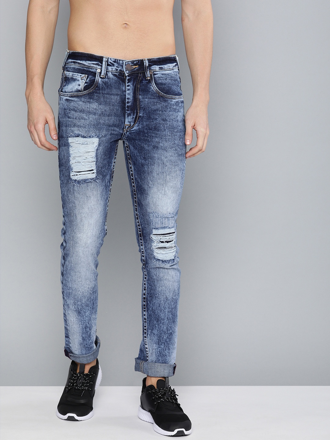 

HERE&NOW Men Blue Slim Fit Mid-Rise Highly Distressed Stretchable Jeans