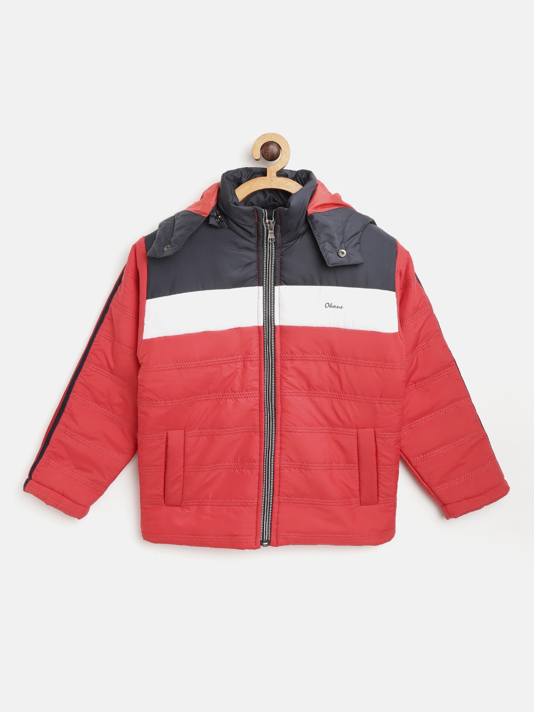 

Okane Boys Red & Navy Blue Colourblocked Padded Jacket with Detachable Hood