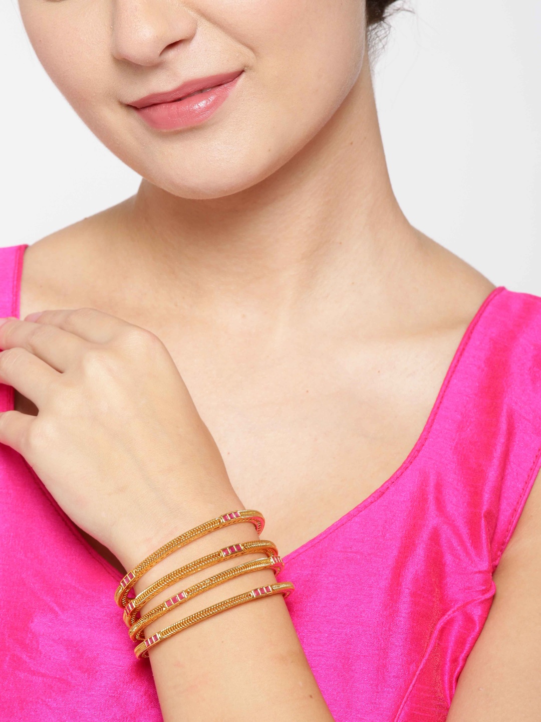 

Priyaasi Set of 4 Pink Gold-Plated Stone-Studded Textured Handcrafted Bangles