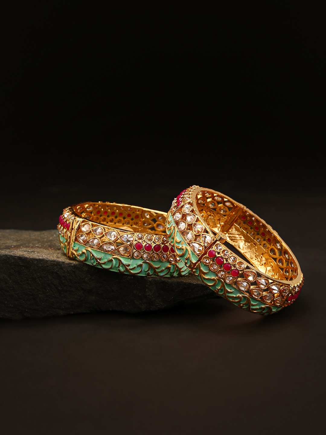 

Priyaasi Set of 2 Pink & Sea Green Gold-Plated Kundan Studded Meenakari Bangles