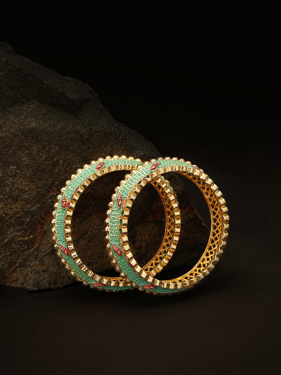 

Priyaasi Set of 2 Green & Pink Gold-Plated Stone-Studded Handcrafted Bangles