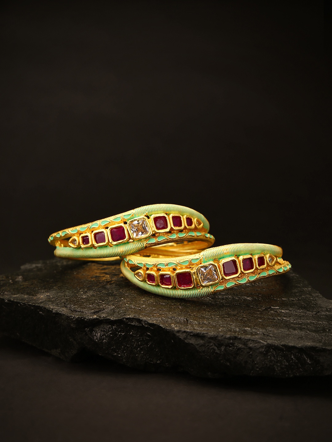 

Priyaasi Set of 2 Pink & Green Gold-Plated Stone-Studded Handcrafted Bangles