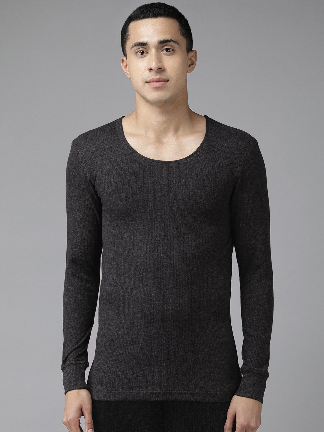 

Van Heusen Men Grey Solid Antibacterial Low Neck Thermal Top, Black