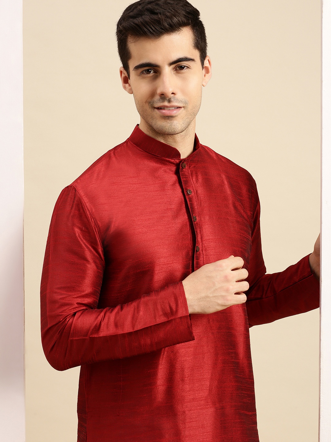 

Sanwara Men Red & Off-White Solid Handloom Kurta with Churidar