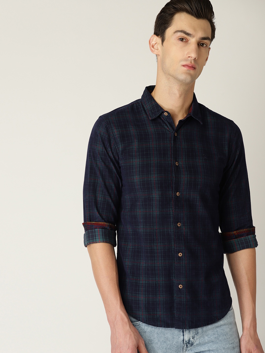 

United Colors of Benetton Men Navy Blue Slim Fit Checked Corduroy Casual Shirt