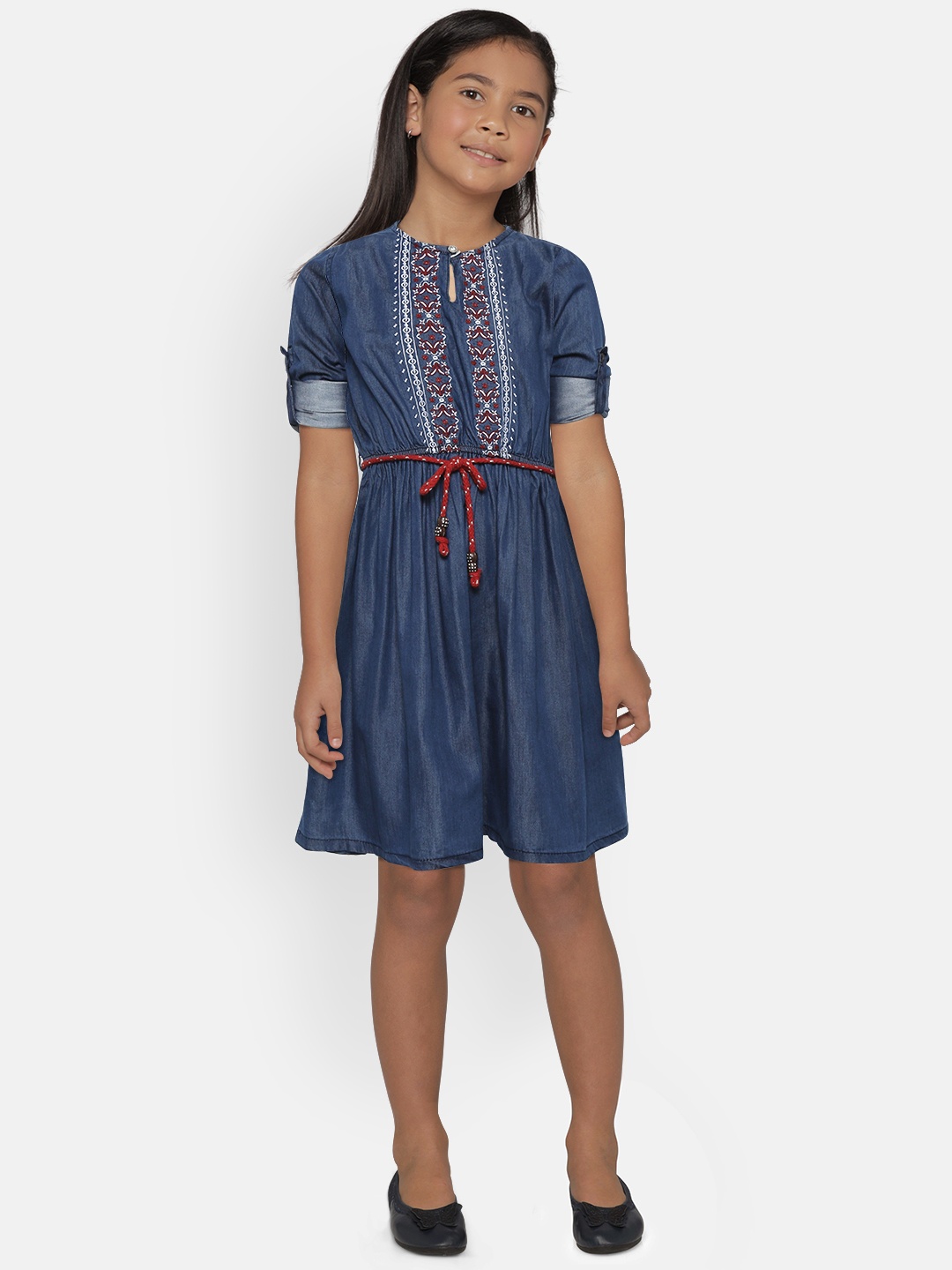 

612 league Girls Navy Blue Embroidered Chambray A-Line Dress with Belt