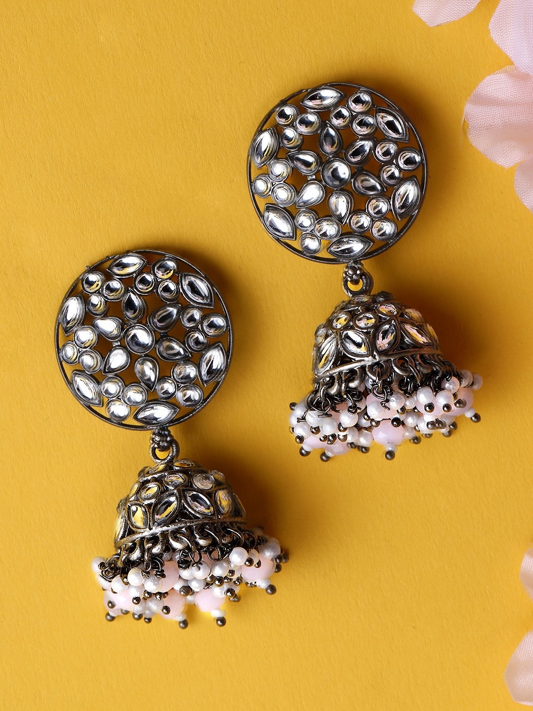

Rubans Silver-Toned & Pink Dome Shaped Handcrafted Kundan Studded Jhumkas