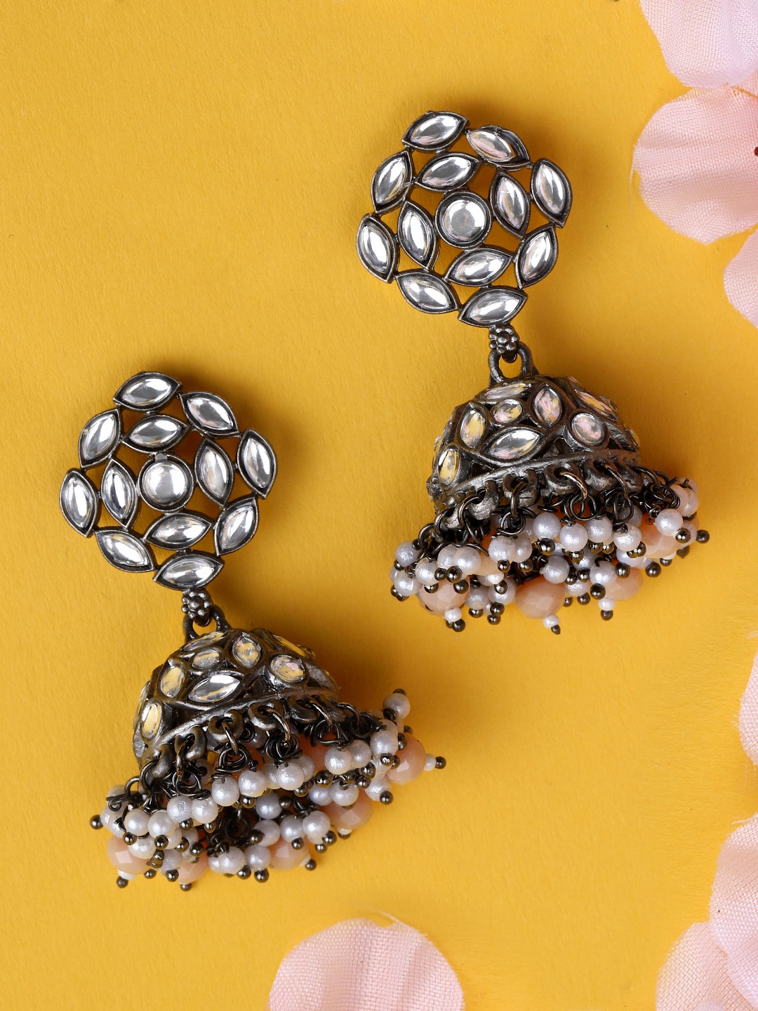 

Rubans Silver-Toned & Pink Dome Shaped Handcrafted Kundan Studded Jhumkas