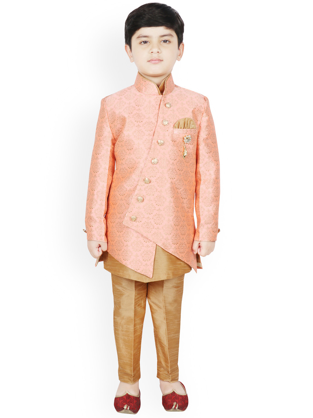 

SG YUVRAJ Boys Peach-Coloured & Beige Foil Printed Raw Silk Kurta with Trousers