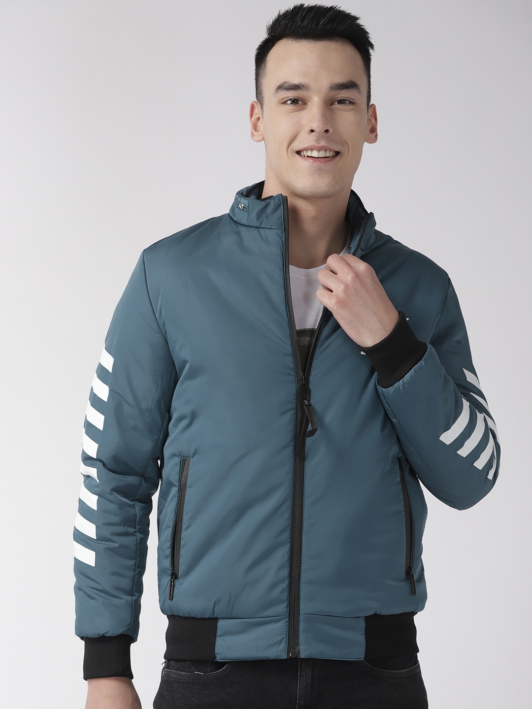 

Fort Collins Men Teal Blue Solid Bomber Jacket