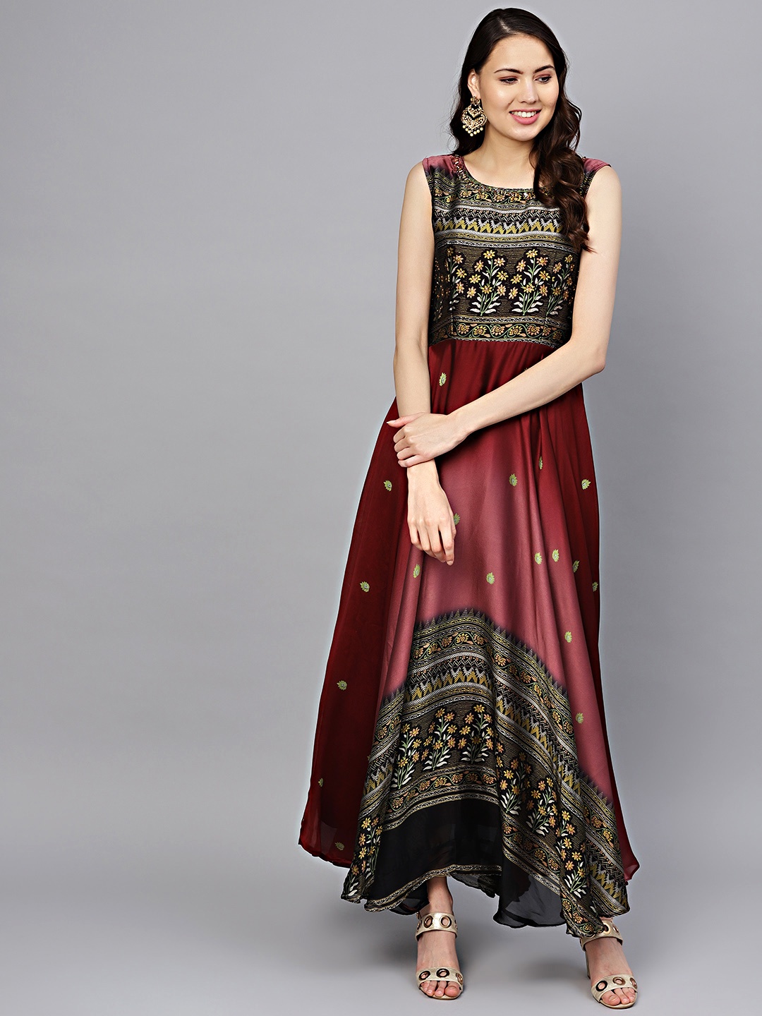 

Chhabra 555 Women Maroon & Black Printed Georgette Made to Measure Gown