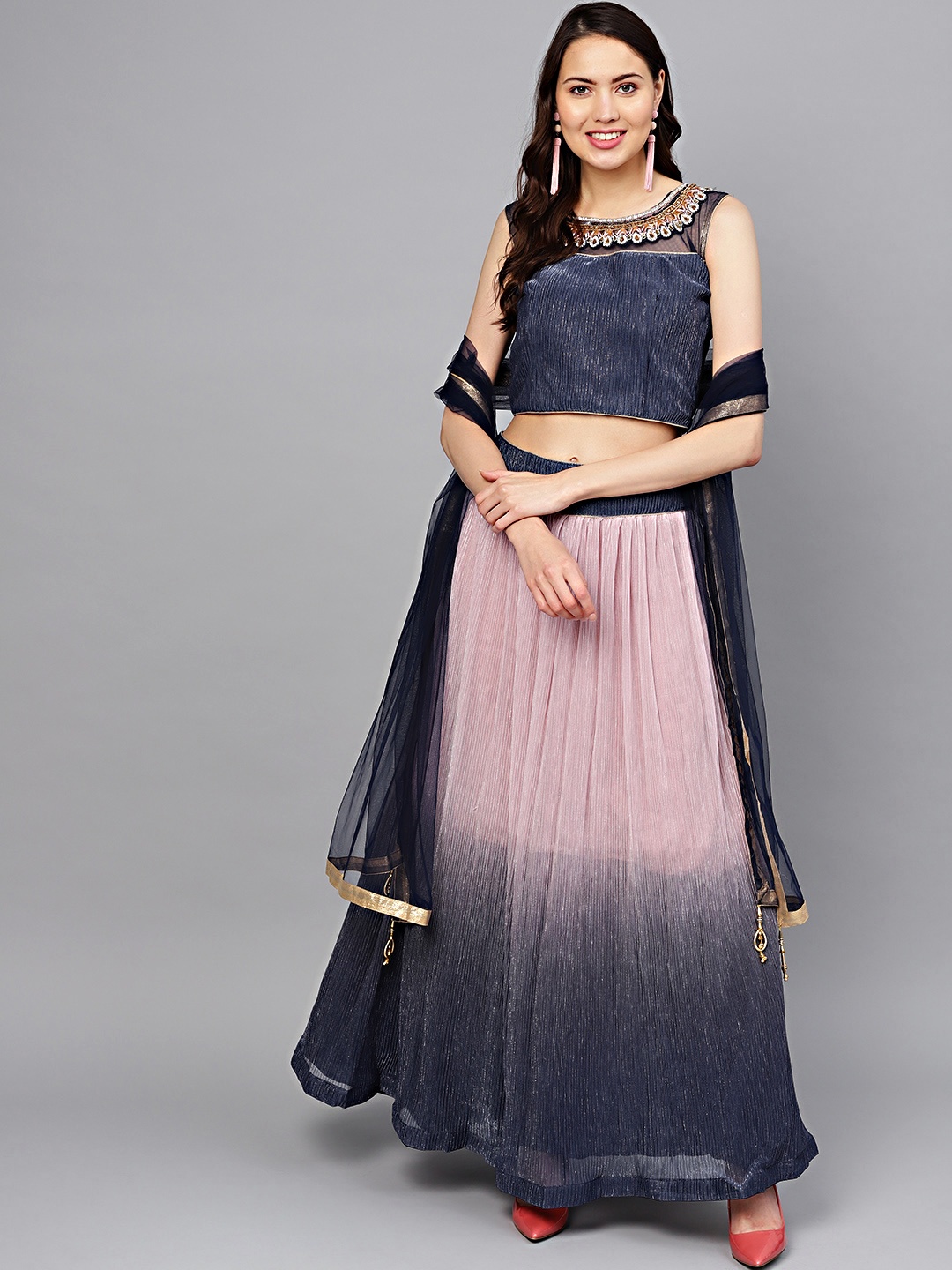 

Chhabra 555 Navy & Pink Dyed Made to Measure Lehenga Choli With Dupatta, Navy blue
