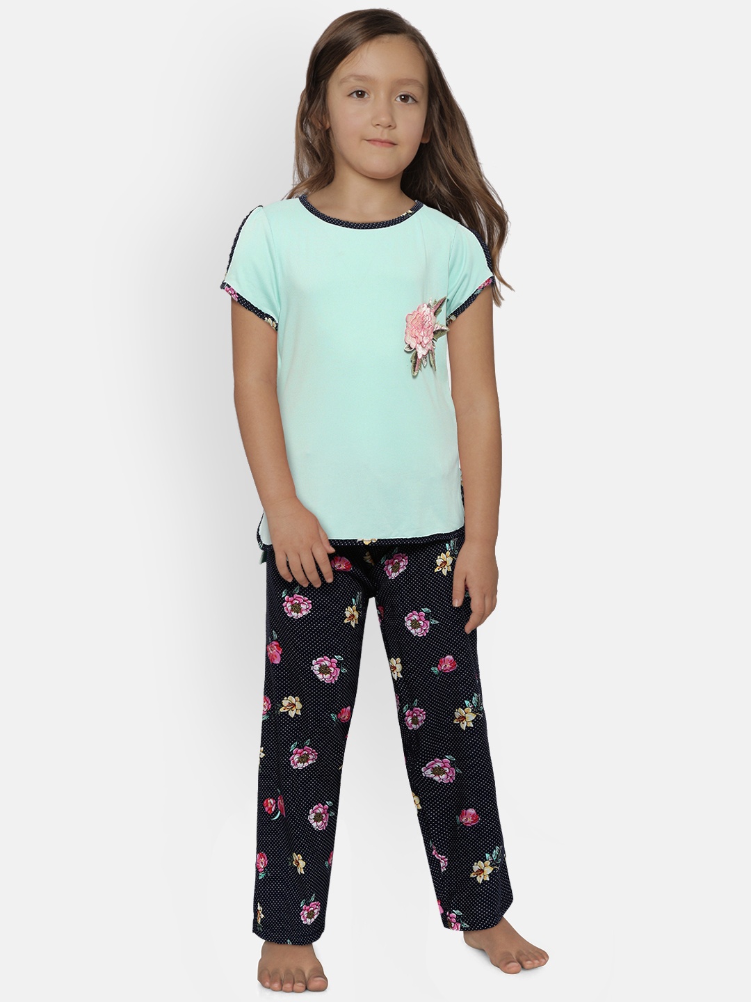 

Sweet Dreams Girls Sea Green & Navy Blue Printed Night suit