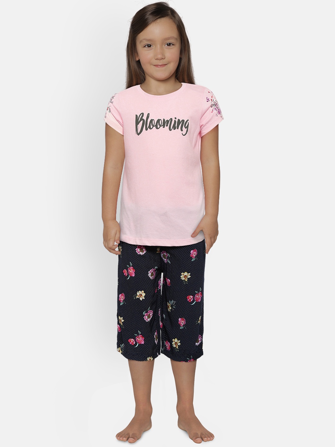 

Sweet Dreams Girls Pink & Navy Blue Printed Night suit