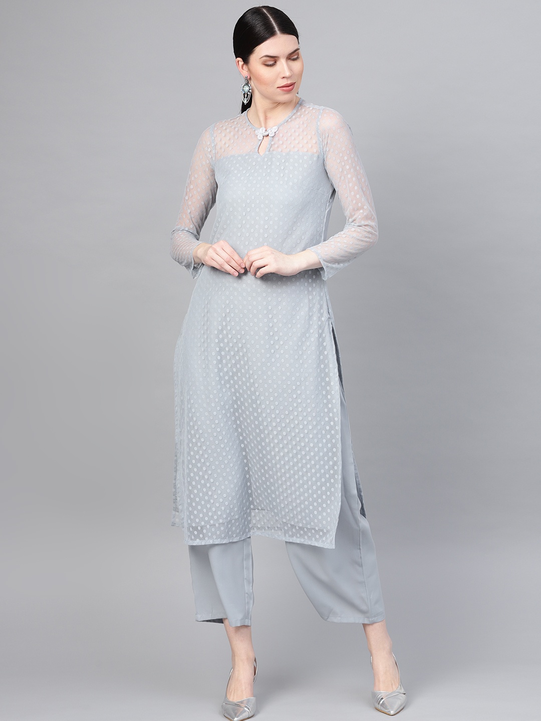 

SIRIKIT Women Grey Woven Design SEmi-Sheer Straight Kurta