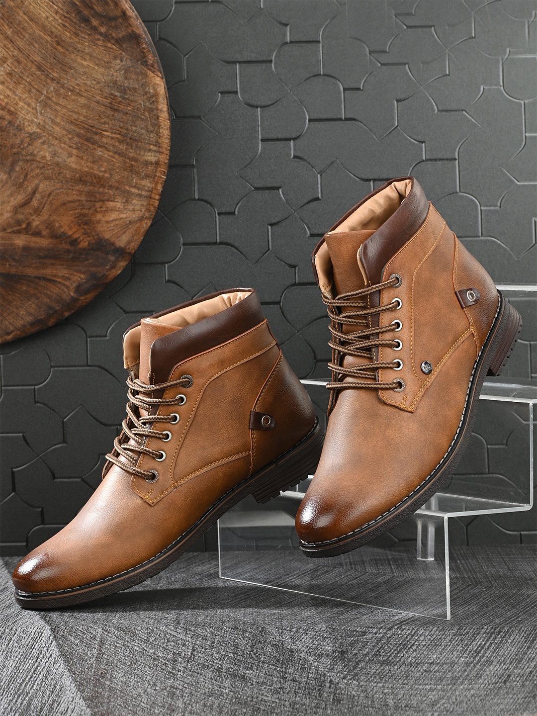 

El Paso Men Tan Solid Synthetic Leather Mid-Top Flat Boots