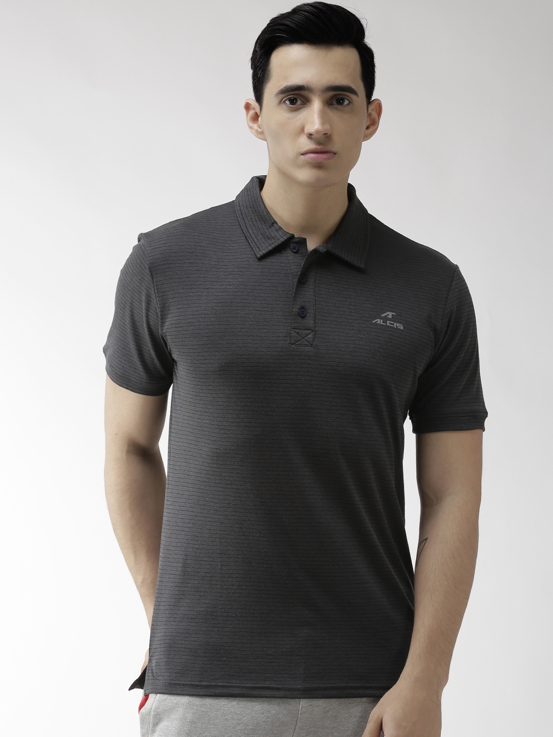 

Alcis Men Charcoal Grey Striped Polo Collar Training T-shirt