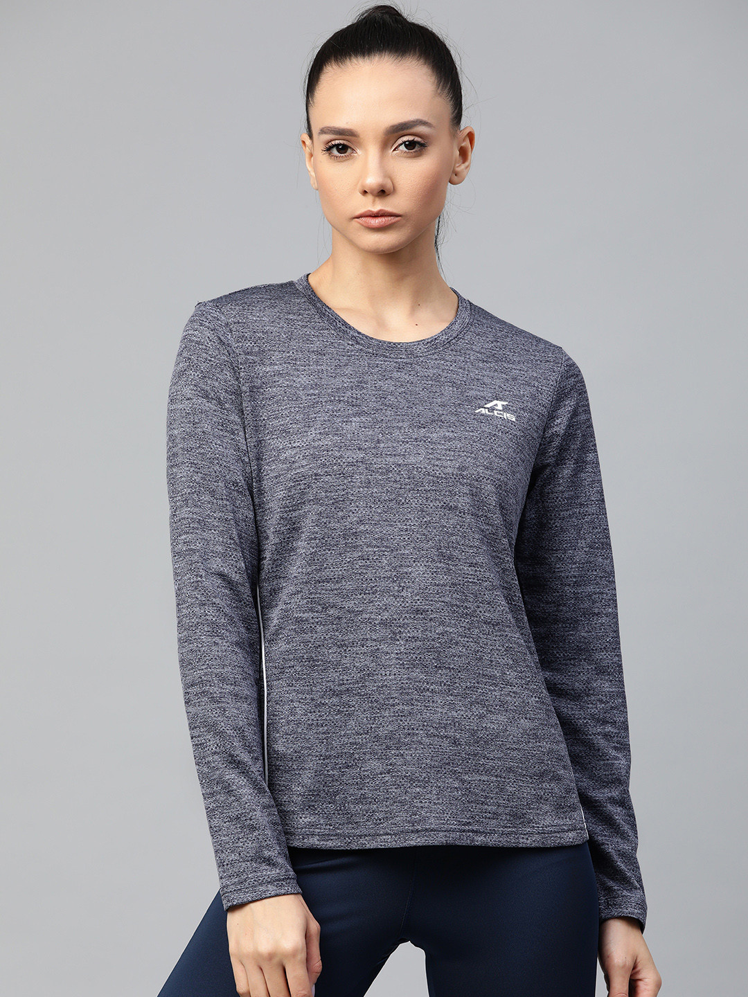 

Alcis Women Navy Blue Slim Fit Self-Design Round Neck T-shirt