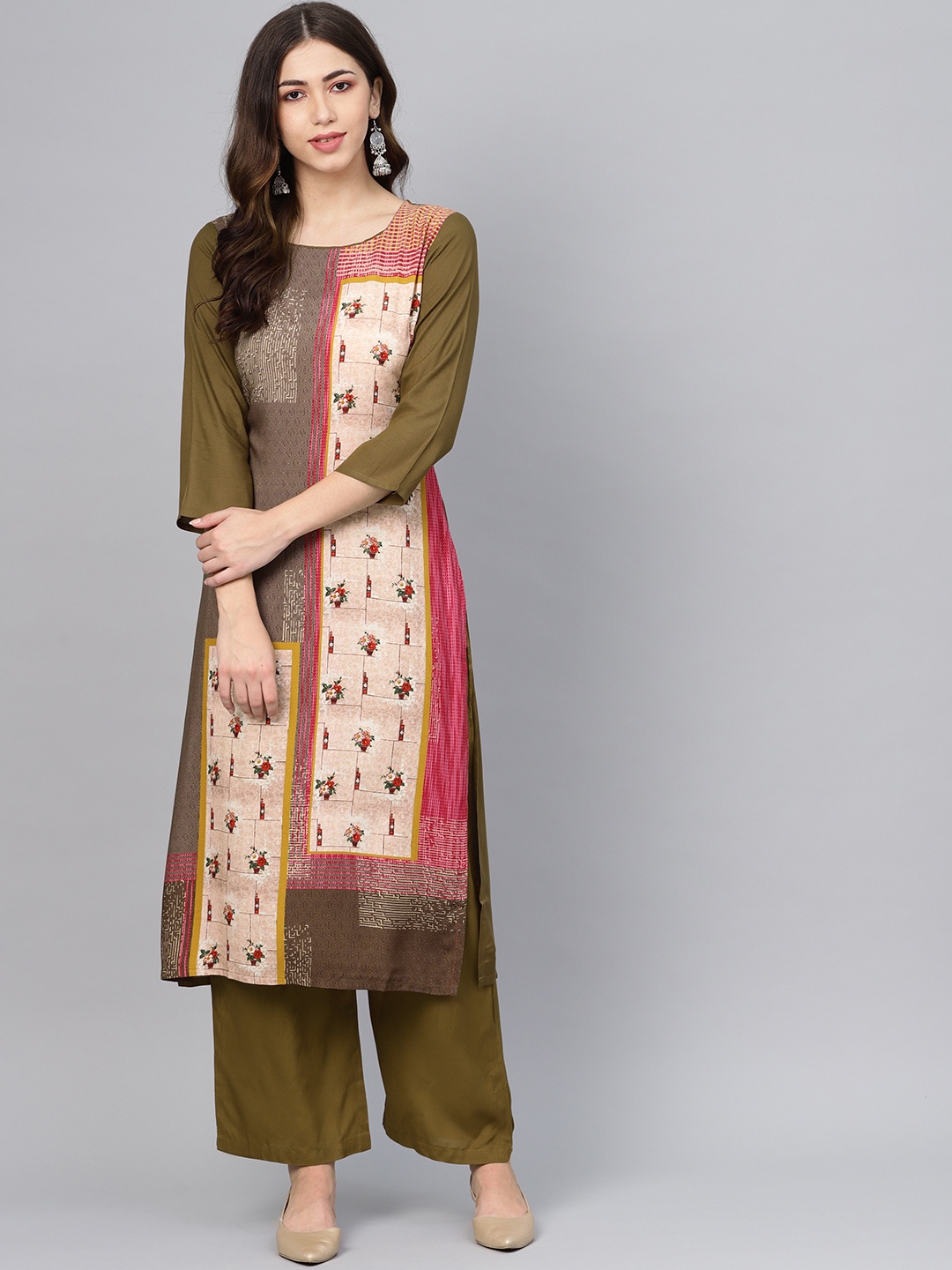 

Meeranshi Women Olive Brown & Beige Printed Kurta with Palazzos