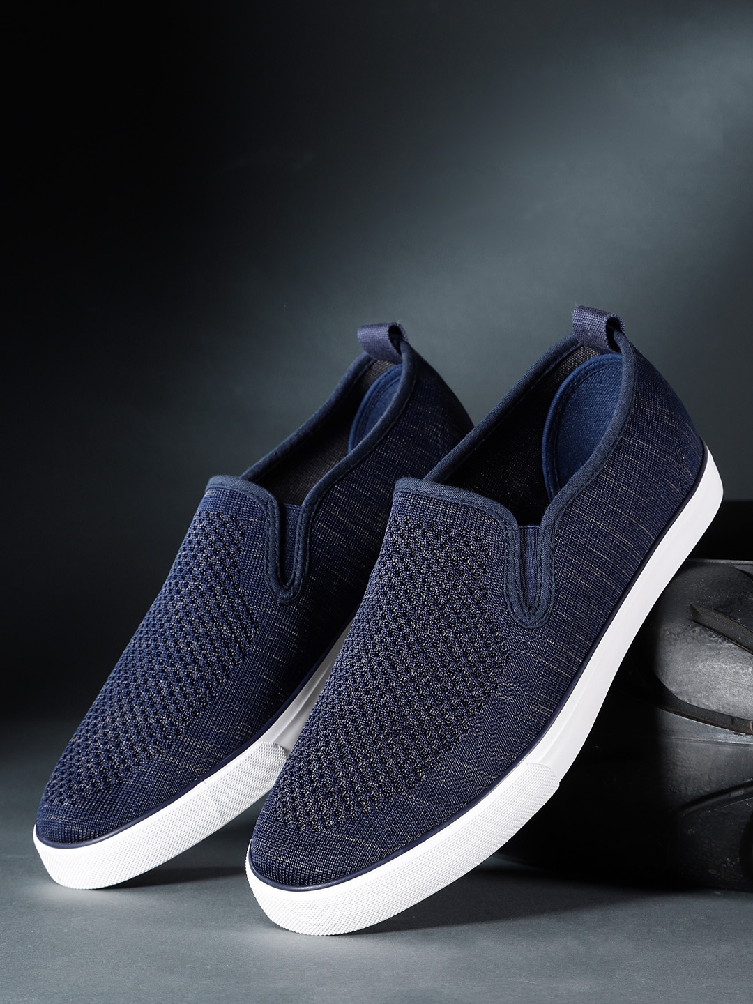 

The Roadster Lifestyle Co Men Navy Blue Charcoal Grey Woven Design Slip-On Sneakers