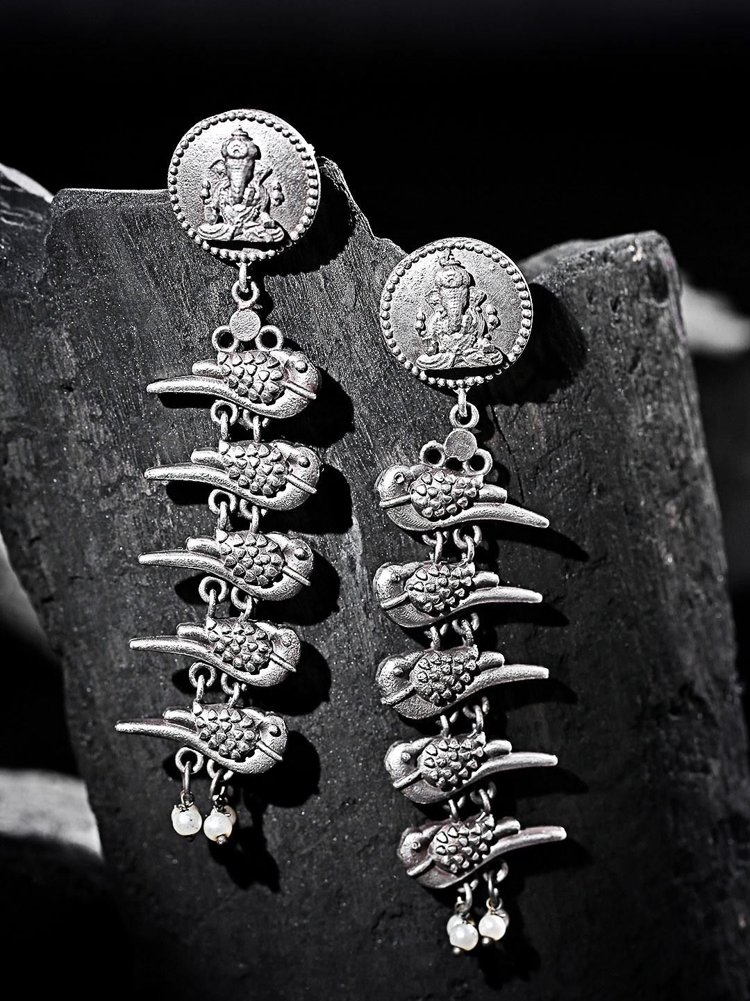 

Infuzze Oxidised Silver-Plated Beaded Ganesha Textured Classic Drop Earrings