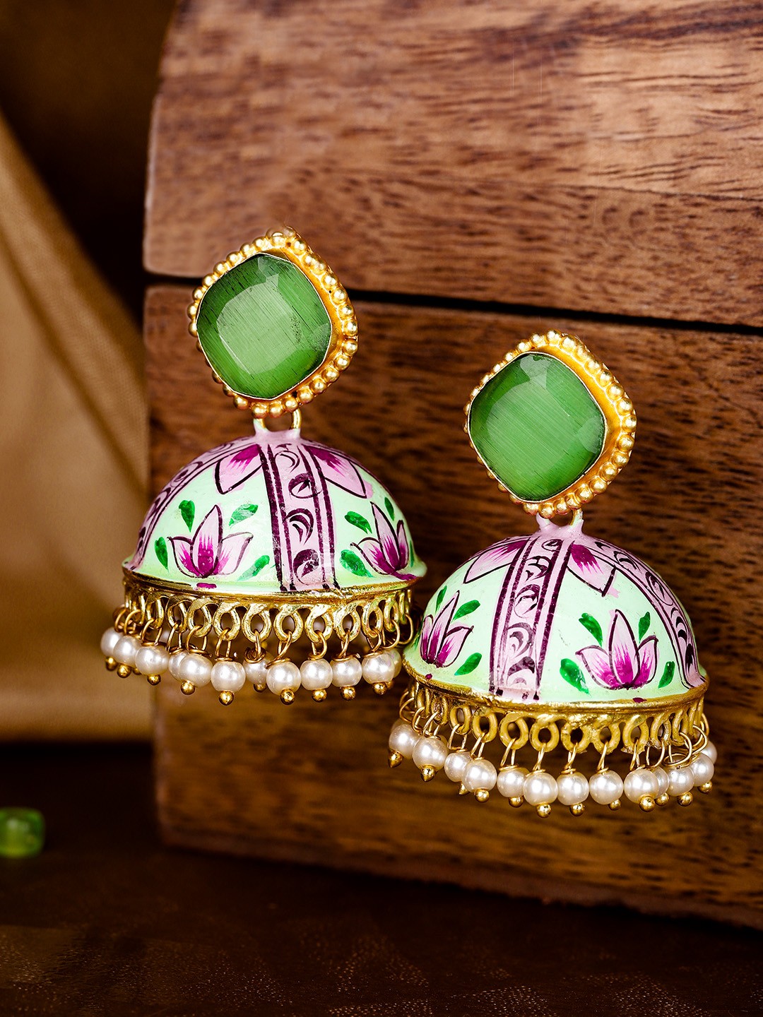 

Infuzze Sea Green & Pink Gold-Plated Hand-Painted Dome Shaped Jhumkas