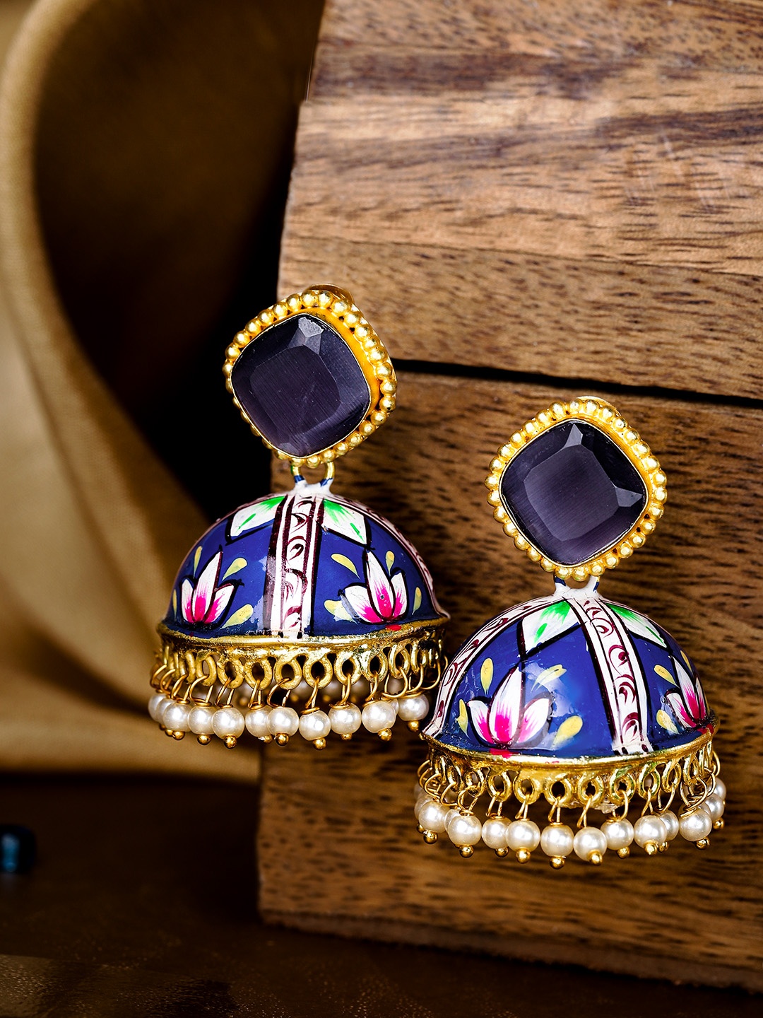 

Infuzze Navy Blue & Pink Gold-Plated & Hand Painted Dome Shaped Beaded Jhumkas
