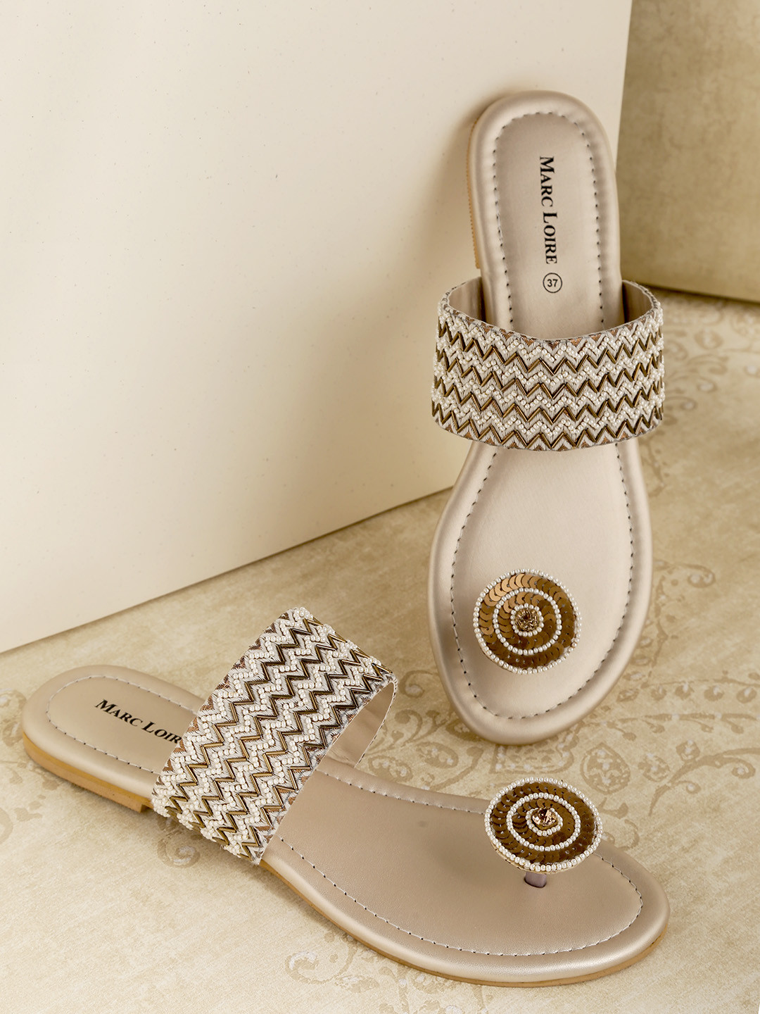 

Marc Loire Women Off-White & Gold-Toned Embellished One Toe Flats