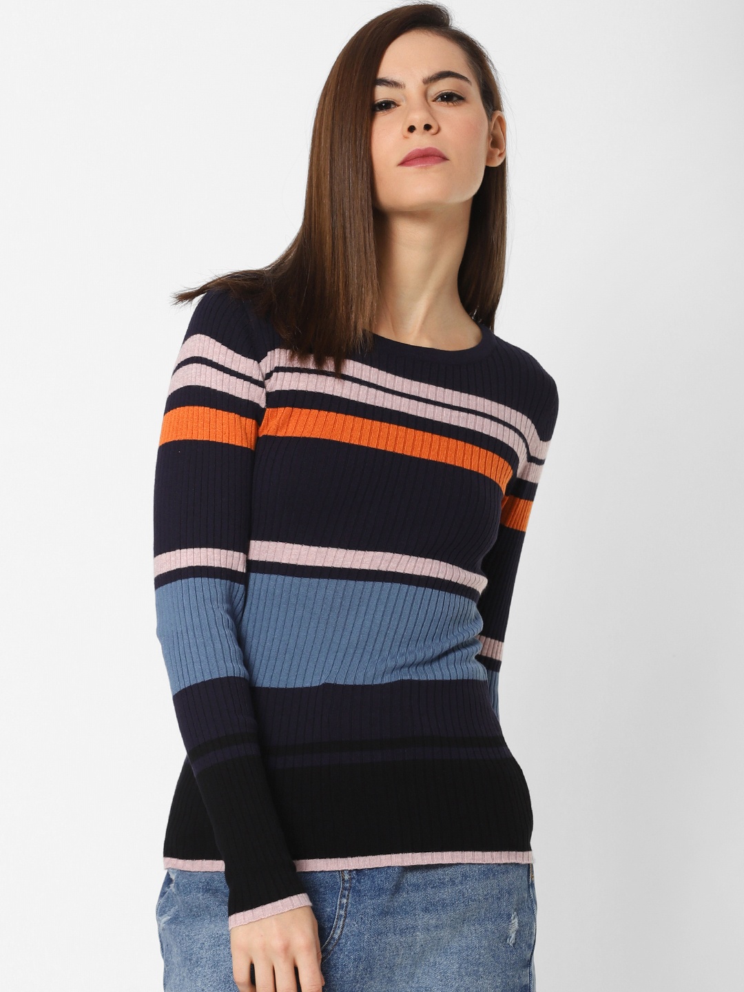

ONLY Women Blue & Pink Striped Sweater