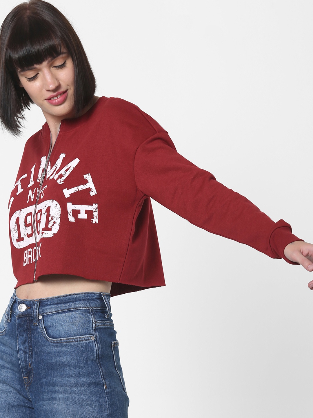 

ONLY Women Maroon Printed Cropped Sweatshirt