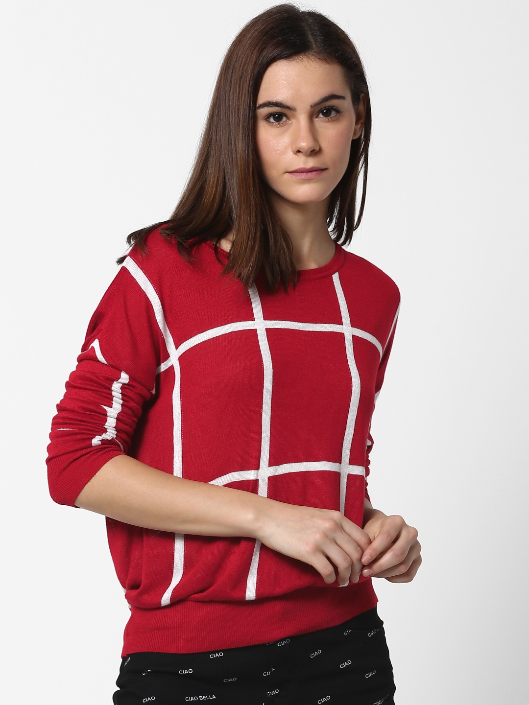 

ONLY Women Red & White Checked Sweater
